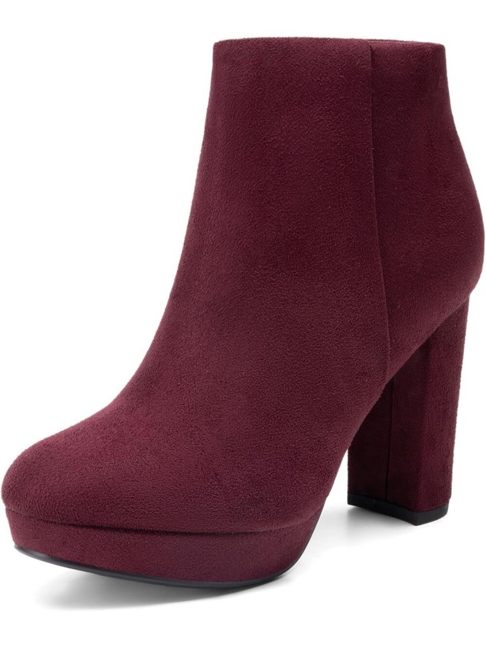 Women's Burgundy Faux Suede Stomp High Heel Round Toe Inside Zip Ankle Boots